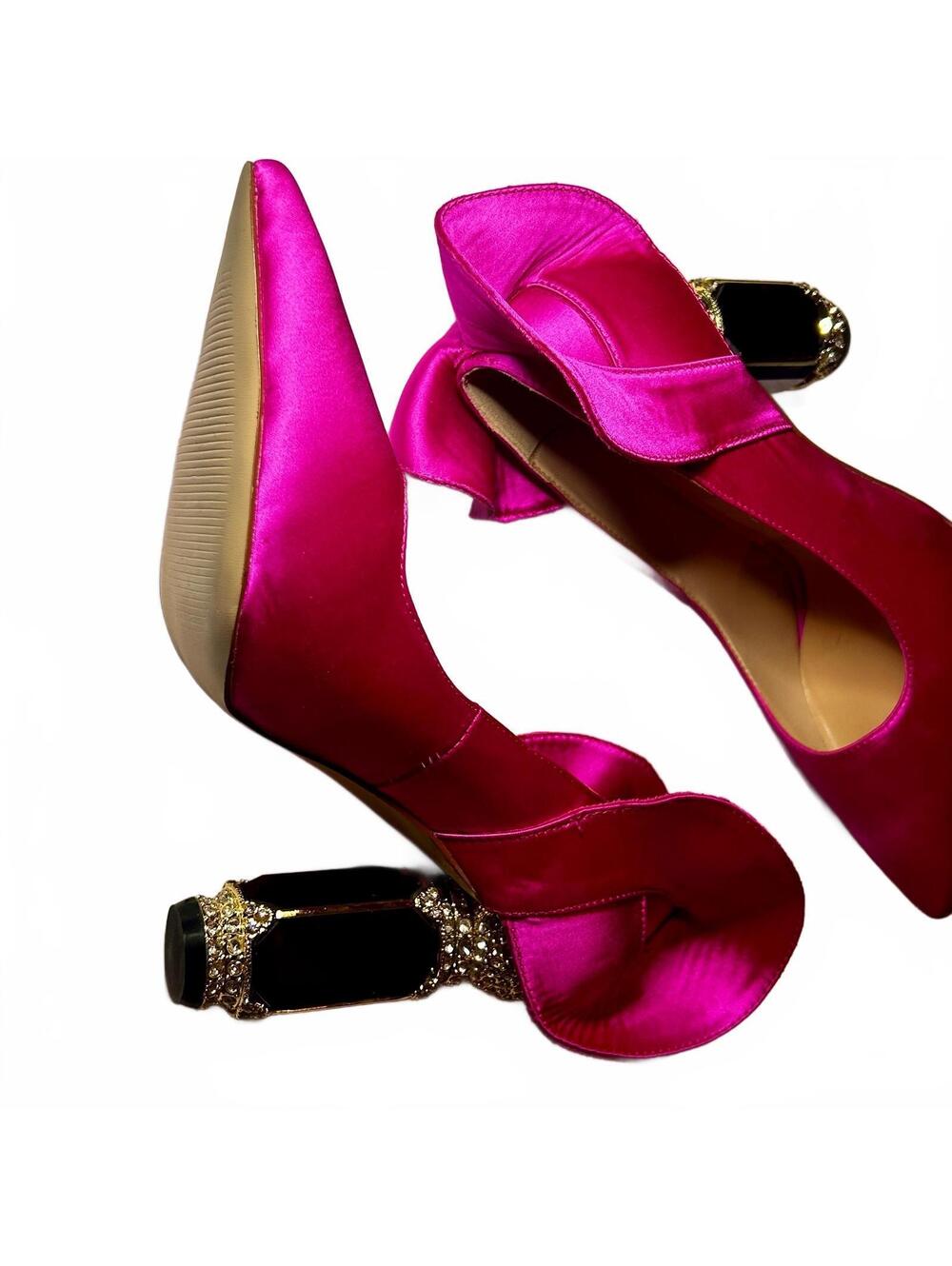 FSJ Fuchsia satin pumps with purple glam heal - Picture 6 of 8